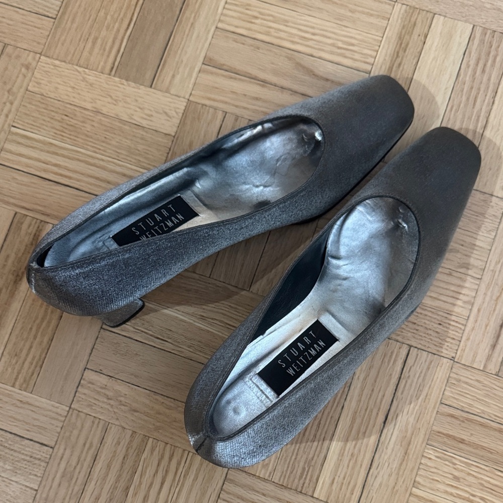 Stuart Weitzman Metallic Pewter Square-Toe Heels